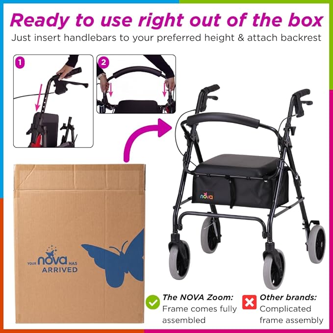 NOVA Medical Products Zoom Rollator Walker with 22" Seat Height, Black, 22 Inch