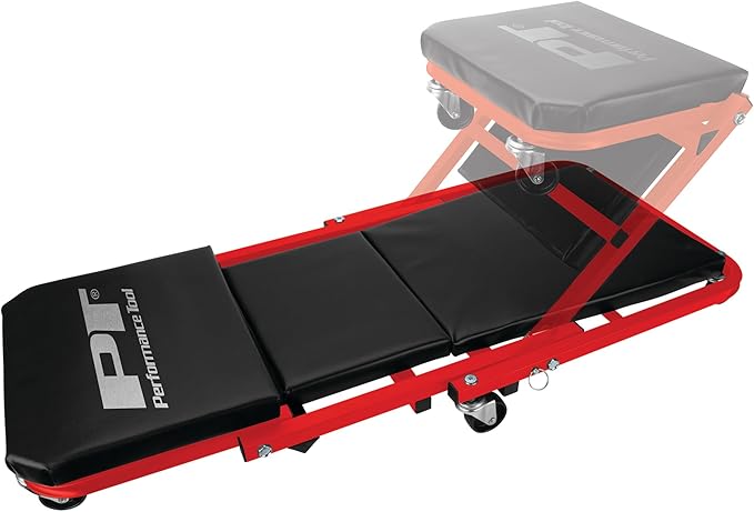 Performance Tool W85034 36-Inch Z-Frame Folding Automotive Creeper, All-in-One Adjustable Roller Garage Seat, Lay Down or Sit, 300 lbs. Capacity, Under Car Creeper, Padded with 6 Swivel Casters