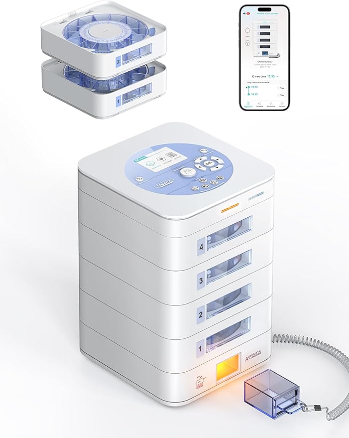56-Day(1X) Automatic Pill Dispenser (Expandable Tray) – App & On-Device Setup by Family, LCD Display, Digital Lock, Sound & Light Alerts –Safe Medication Organizer for Dementia Seniors (4-Tray, White)