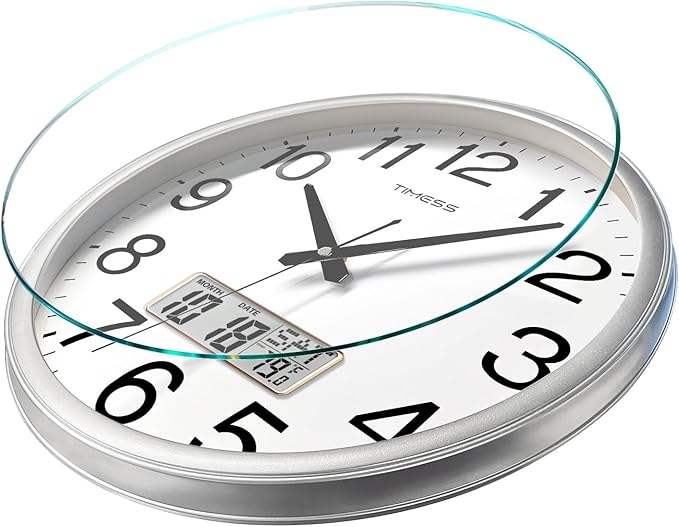 TIMESS Wall Clock, 11 Inch Non-Ticking Silent Battery Operated Quartz Analog with LCD Display for Perpetual Calendar and F° Temperature, Ideal Modern Home, Bedroom, Kitchen, Office Décor (Sliver)