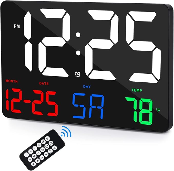 Digital Wall Clock,11.5" LED Digital Alarm Clock Large Display,with Remote Control,Adjustable Brightness, Calendar, Temperature, Snooze, 12/24 H, for Living Room, Office, Bedroom, Elderly, Adults Set