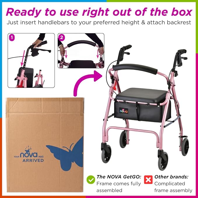 NOVA GetGo Petite Narrow Rollator Walker for Seniors, Lightweight Folding Rolling Walker with Seat, Lock N Load for Easy Transport & Storage, Adjustable Fit 4'10"–5'4", Pink