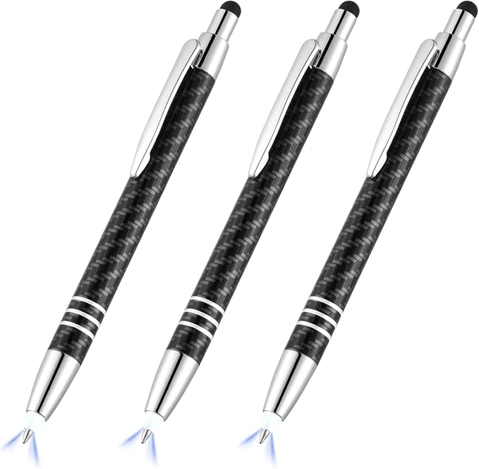 Glovion Lighted Tip Pen with Stylus 3-in-1 LED Penlight Light Up Pen Light Ballpoint Pen with Light for Writing in The Dark - Pack of 3 - White Light - GL006
