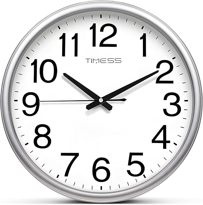 TIMESS Wall Clock, 13 Inch Large Dial Non-Ticking Silent Battery Operated Quality Analog, Ultra-Quiet Movement Quartz, Timeless Stylish Clock, Ideal Modern Home, Office Décor (Sliver)