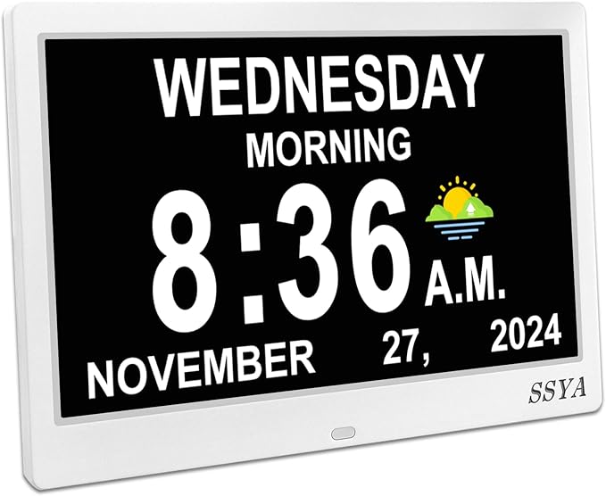 SSYA Dementia Clock for Seniors Digital Large Calendar Alarm Clock Auto DST White