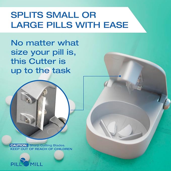 Pill Cutter Splitter with Pill Box by Pill Mill - Blade that Will Never Dull - Grip Handle Cuts Small or Large Pills with Ease - Light and Durable Tablet Divider - Perfect Medicine Slicer for Travel