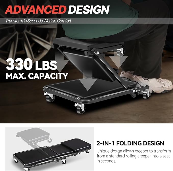 Foldable Creeper, 2-in-1 Rolling Garage Z Creeper Car & Seat, 36" Roller Mechanics Under Car Chair, 330 LBS Weight Capacity Heavy Duty, Black