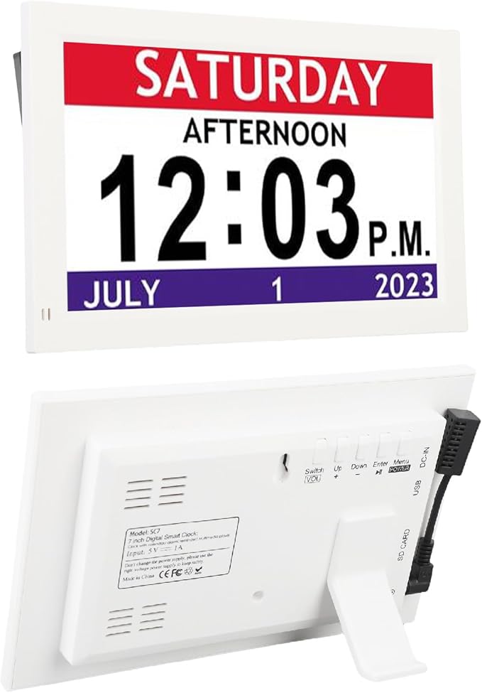 Zyyini 7 Inch Digital Clock for Elderly, Large Font Customizable Alarm Reminder with Day and Date Auto DST 12 Alarms Calendar Clock for Dementia