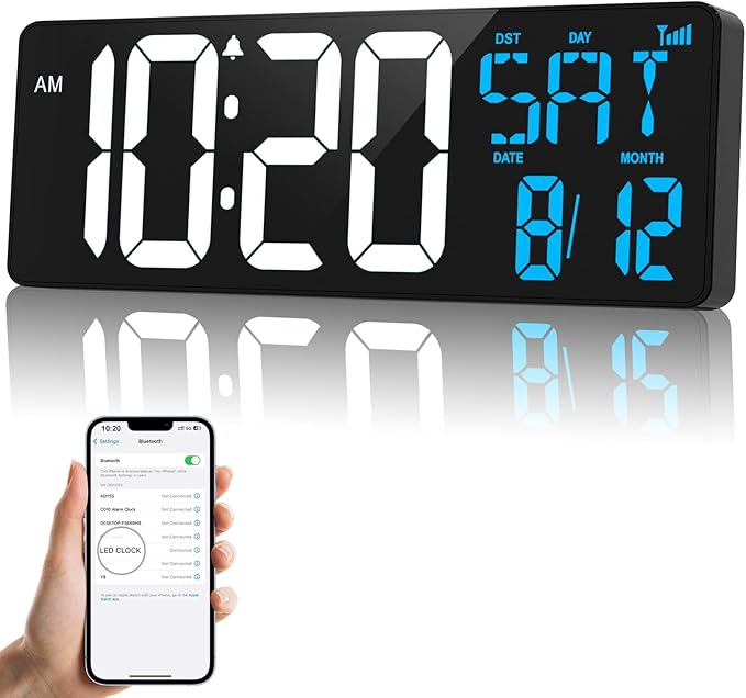 17 Inch Digital Wall Clock Large Display Bluetooth Sync Time, Auto-Dimming Digital Wall Clock with Remote, Date/Week/Temperature/DST, Plug-in Digital Clock for All Large Spaces Use, Gift