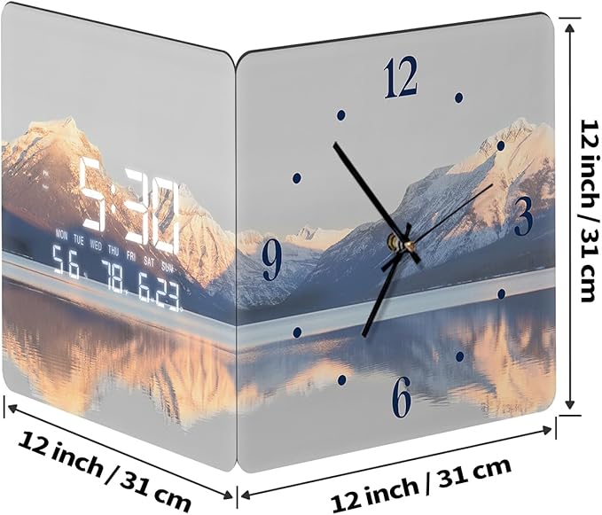 12'' Double Sided 90° Corner Wall Clock, Golden Sunrise & Lake, Radar Motion Activated, Analog & LED Display with Temp Humidity Date Day, Silent Non-Ticking Plug-in for Living Room Hallway