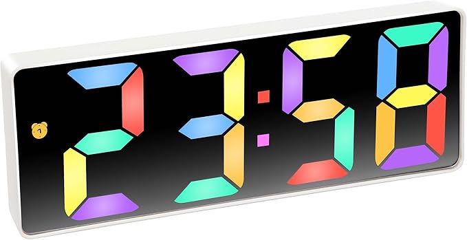 Infinity Instruments LTD. Digital Tabletop Alarm Clock, White with Colored Display, 6.25" x 2.25"