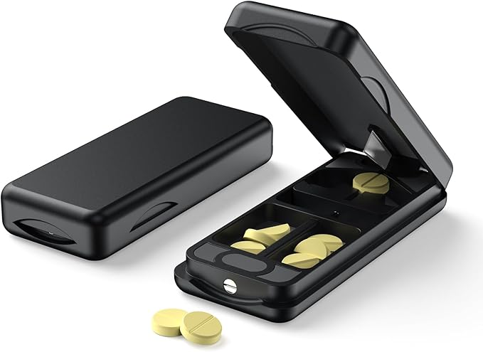 JEINAPA Pill Cutter with Auto Centering Device, Plastic Pill Splitter with 316L Stainless Blade, Genuine Leather Case, Professional Pill Splitter for Cutting, Black