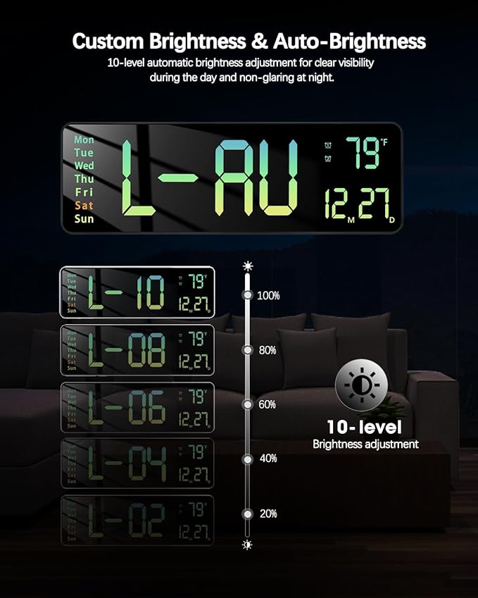 JoFomp Modern 16" Large Digital Wall Clock with Remote Control, LED Display, Auto-Dimming, Countdown, Temperature, Calendar - 12/24Hr Format - Silent Wall Clock for Home, Office (Gradient Green)