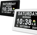 MASSII 7" Black +7" White Digital Clock with Auto DST and 20 Alarms Custom Reminders, Non-Abbreviated Calendar Day Date Clock for Seniors Dementia Alzheimers'