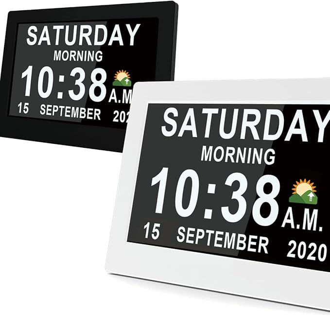 MASSII 7" Black +7" White Digital Clock with Auto DST and 20 Alarms Custom Reminders, Non-Abbreviated Calendar Day Date Clock for Seniors Dementia Alzheimers'