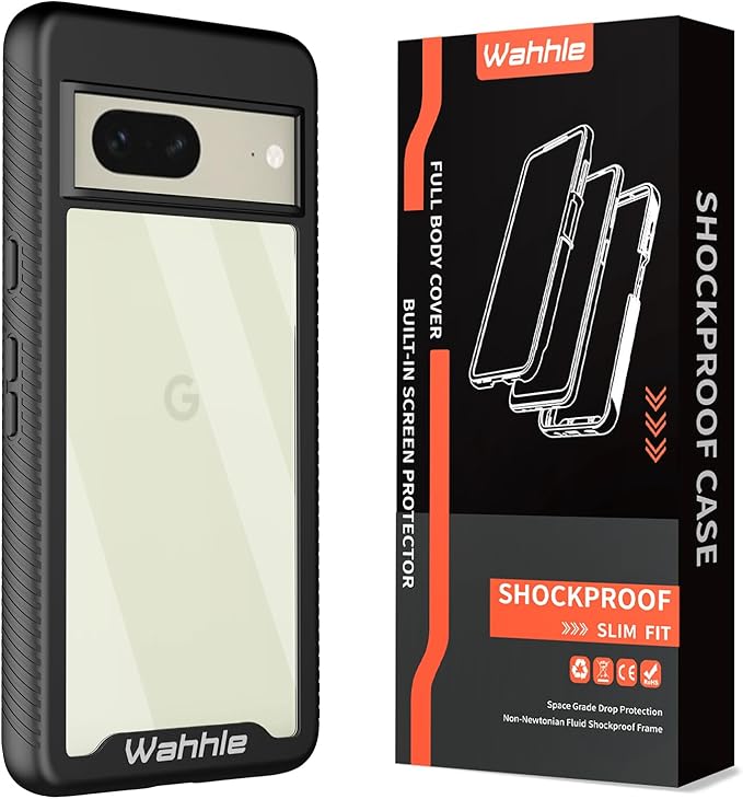 wahhle Compatible with Google Pixel 7 Case, Built in Screen Protector Full Body Shockproof Slim Fit Bumper Protective Phone Cover Men Women-Black/Clear