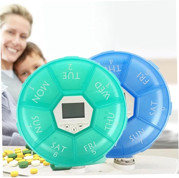 Compartments Electronic Medicine Reminder Box with Alarm Clock Portable Weekly Pill Organizer for Patients Green Easy-Read Day Labels See-Through Lids Daily Alarms to Prevent