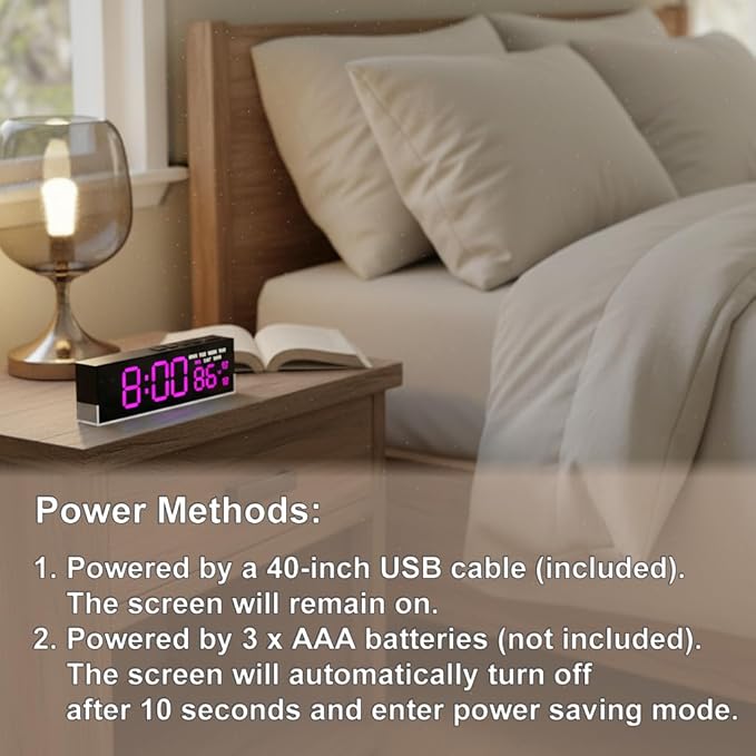 JENLYSTIME 7 Inch LED Digital Alarm Clock with Dual Alarms & Bottom Glow｜Displays Time, Date, Day, Temperature ｜3-Level Auto/Manual Brightness, DST, USB or Battery Powered Modern Desk Clock(Rose Red)