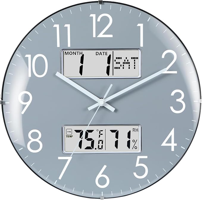 Nbdeal 13-Inch Analog Silent Wall Clock with Calendar Temperature & Humidity (Grey)