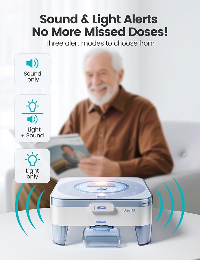 28-Day Automatic Pill Dispenser One-Press Dispense Sound & Light Alerts Moisture-Proof