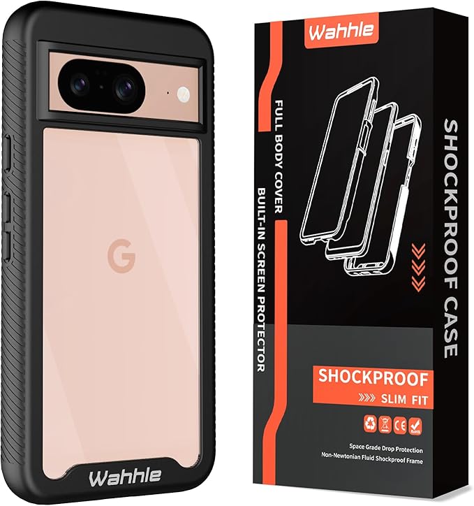 wahhle Compatible with Google Pixel 8 Case, Built in Screen Protector Full Body Shockproof Slim Fit Bumper Protective Phone Cover Men Women-Black/Clear