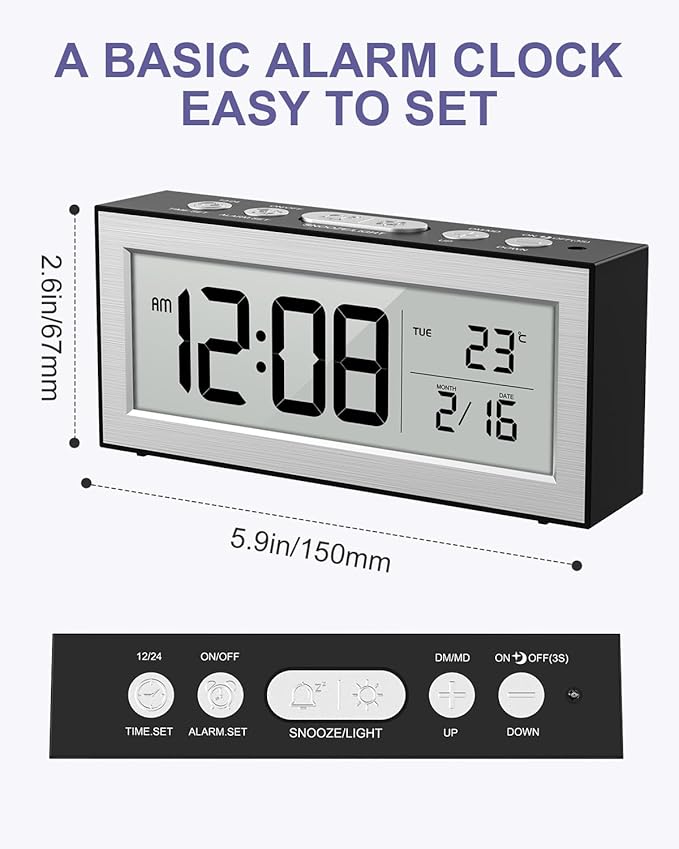 Battery Powered Alarm Clocks, Travel Alarm Clock with LCD Display, 12/24H, 5-Min Snooze, Bedside Clock with Auto Dimming Function and Working Mode, Suitable for Bedroom, Office, Travel