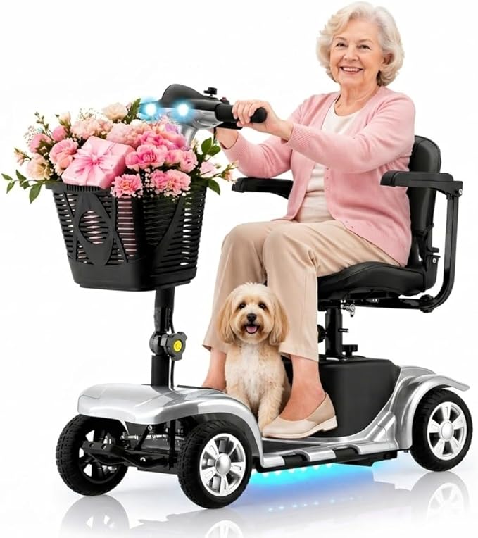 XERATH Mobility Scooters for Seniors Lightweight and Portable,Mobility Scooter with LED Headlights and Basket,lightest Foldable Mobility Scooter 4 Wheels Electric Powered Chargeable Device (Silver)