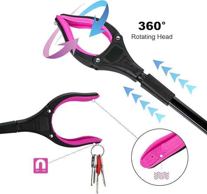 2-Pack 32" Grabber Reacher Tool, 360° Rotating Head, Wide Jaw, Foldable Reacher Grabber Pickup Tool,Anti-Slip Rotating Jaw with Magnet, 4" Wide Claw Opening Grabbers for Seniors (Purple)