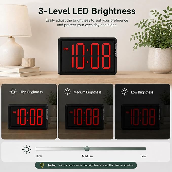 KWANWA Digital Alarm Clock, 3.8-inch Extra Large LED/LCD Digits, Battery or USB Powered, Auto Light Sensor for Day/Night, Wall Clock & Desktop Stand for Seniors, Bedroom, Office, Living Room
