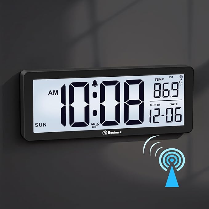 Soobest 8.5" Atomic Digital Wall Clock, Never Needs Setting, Auto Time Sync, Accurate & Easy to Use Clock with Backlight, Battery Operated, Temperature, Date, Auto DST, 4 Time Zones