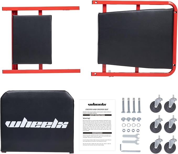 Mechanic Creeper 36-inch 3-in-1 Mode Z Seat 340lbs Capacity, Foldable Garage Adjustable Rolling Folding with 6pcs Wheels Roller, Lay Down Sit Lean Back, Under Car Auto Repair (Red Frame)