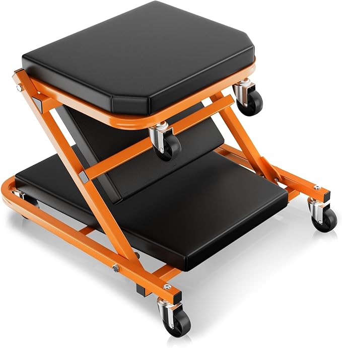 Auto Dynasty 36" Z-Creeper Seat, 2-in-1 Foldable Garage Creeper Shop Seat, 330 LBS Capacity Automotive Mechanic Repair Under Car Rolling Creeper Seat, Orange