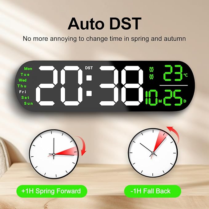 13.7" Large Digital Wall Clock – Remote Control, Dual Alarm, Big LED Display, Auto-Dimming, RGB Night Light, Auto DST – Bedroom, Living Room, Office, Purple,Green