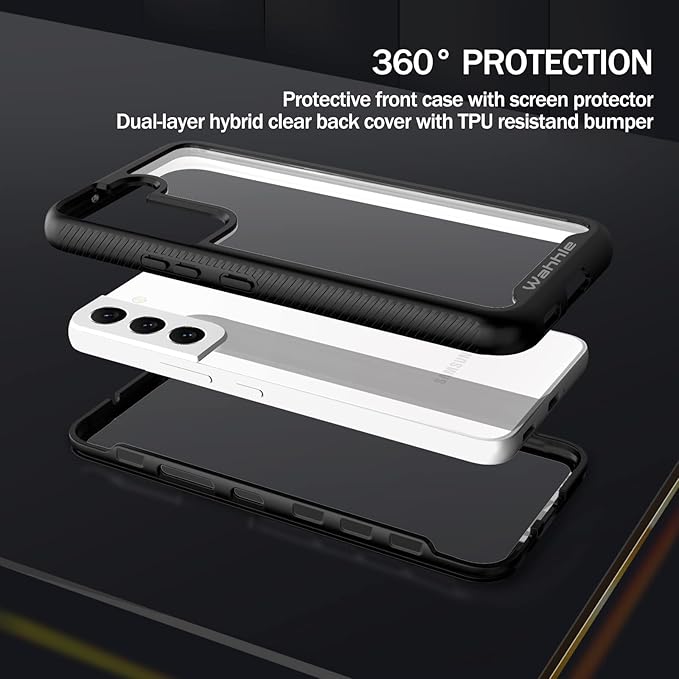 wahhle Compatible with Samsung Galaxy S22 Case, Full-Body Protection Phone Cover with Screen Protector 【Built-in, Touch Sensitive, Anti Scratch】 Upgraded Shockproof TPU Bumper Cases-Black/Clear