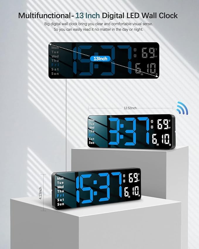 JoFomp Digital Wall Clock - 13" Large LED Display, Loud Alarm, Remote Control, DST, Auto-Dimming, Date and Day, Timer, Temperature - 12/24H Format - Ideal for Living Room, Bedroom, Kitchen