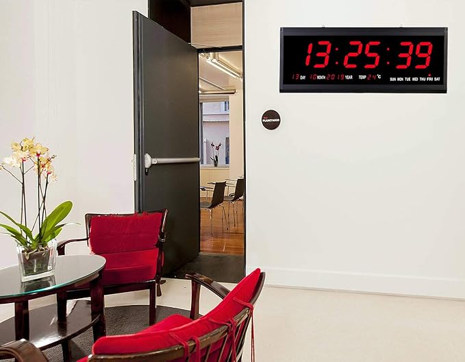 Rsobl 18.9 Inch Oversized LED Digital Wall Clock Large Display with Indoor Temperature Date and Day of Week,Electric Wall Clock/Calendar Timer Home Decor -Red