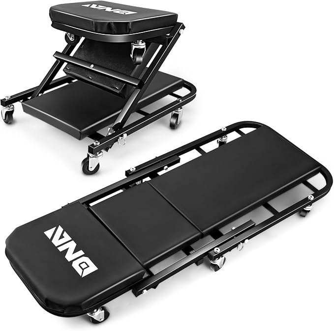 DNA Motoring 40 Inches Folding 2 in 1 Rolling Z Creeper, Adjustable Roller Garage Chair Lay Down or Sit, 6 Pcs 2" Casters, 150kg Weight Capacity, Black, TOOLS-00494