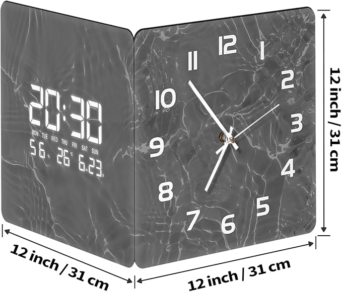 12'' Double Sided 90° Corner Wall Clock, Gray Water Ripple, Radar Motion Activated, Analog & LED Display with Temp Humidity Date Day, Silent Non-Ticking Plug-in for Living Room Kitchen