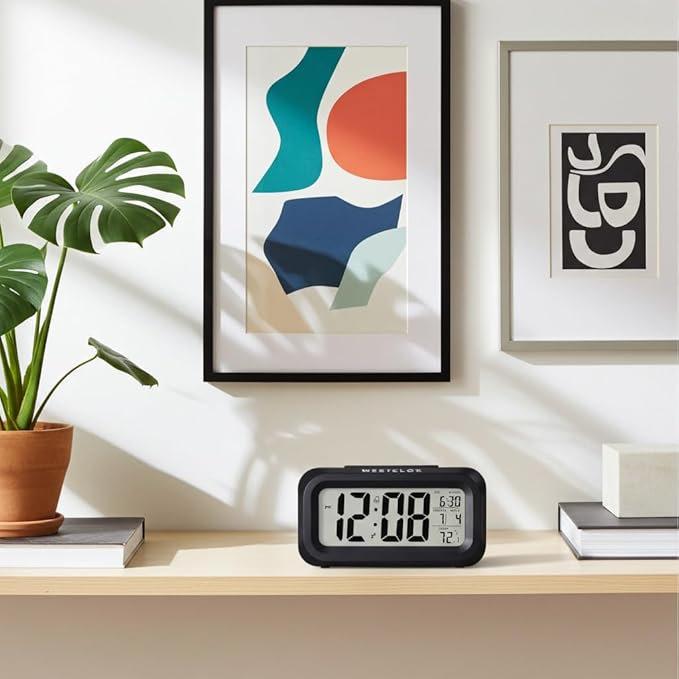 Westclox Digital LCD Alarm Clock with Large 1.4" Display, White Backlight on Demand, Month/Date and Temperature Display, Ascending 5-Minute Snooze Alarm – Bedroom or Office (Black)