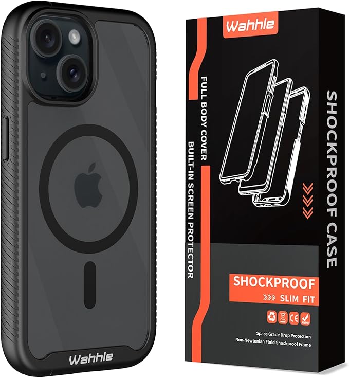 wahhle Compatible with iPhone 15 Plus Case, Magnetic Wireless Charging Built in Screen Protector Full Body Shockproof Slim Fit Bumper Protective Phone Cover 6.7'' Men Women-Black/Clear