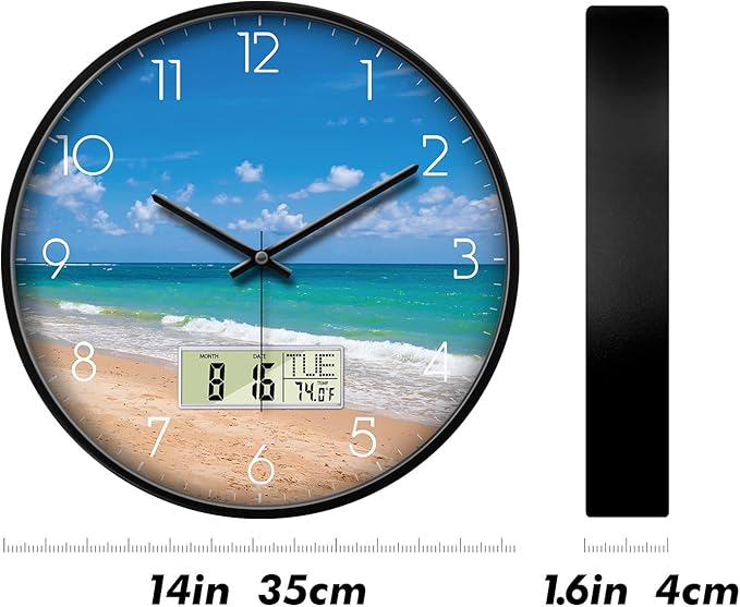 14'' Silent Non-Ticking Coastal Beach Wall Clock, Battery Operated Analog with LCD Date Day Temp Display, Modern Wall Clock for Living Room Bedroom Office Beach House Hotel Decor