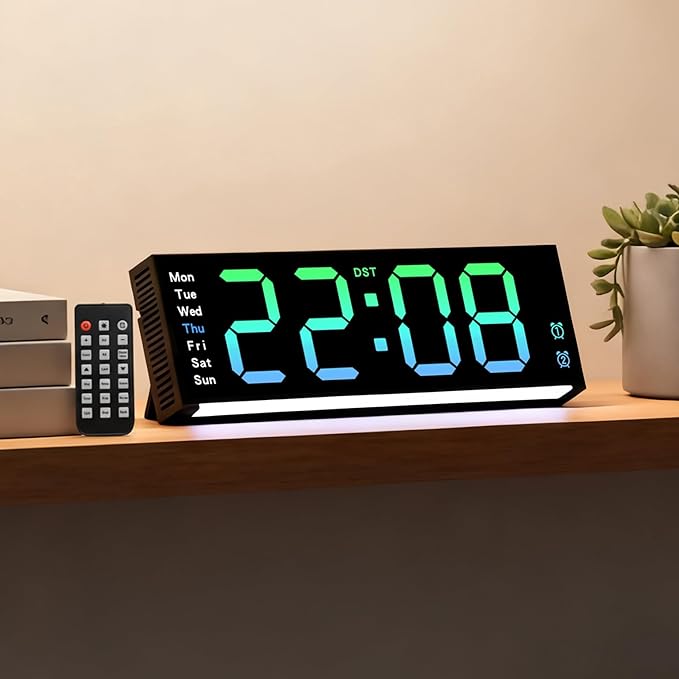 11-Inch LED Wall Clock with RGB Flowing Light, Large Digital Display for Date, Time, Temperature｜Easy to Read, Dual Alarms, Remote Control｜Modern Décor for Home, Kitchen, Living Room, Office, Yoga