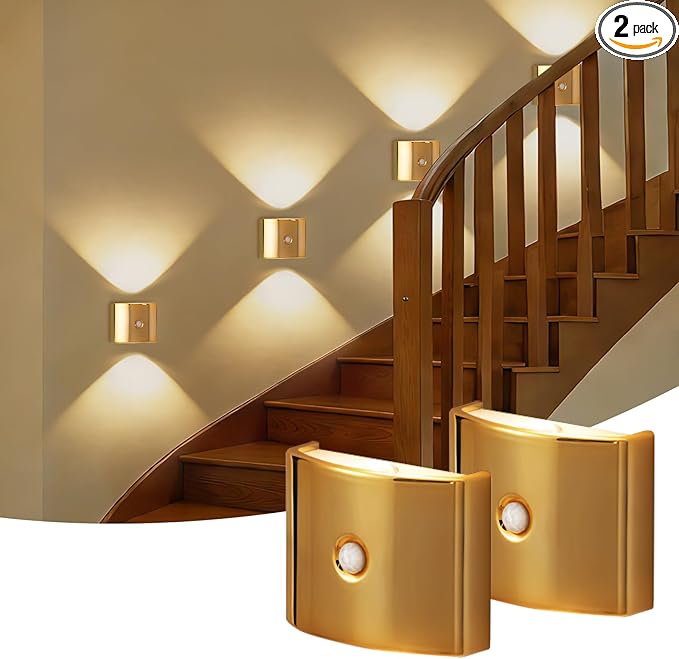 2 Pack Motion Sensor Wall Light, Rechargeable Wall Sconce with 3 Color Temperatures and Brightness Adjustable, Wireless Magnetic Mount for Bedroom, Stair, Hallway, Closet (2, Gold)