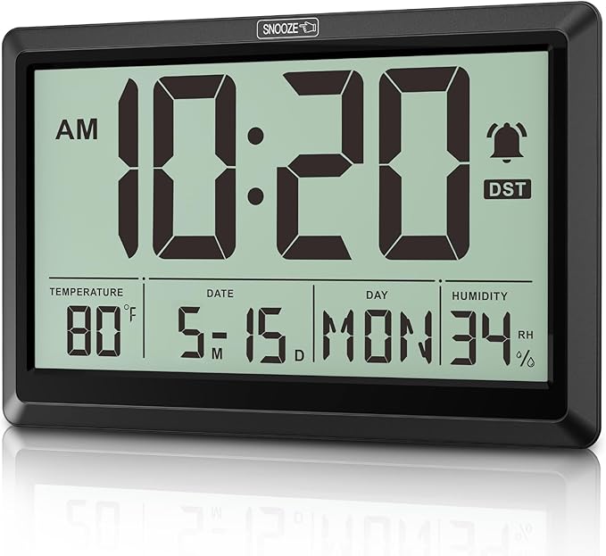 XREXS 10.4 Inch Digital Wall Clock, Battery Operated Large Display Clock, Digital Calendar with Indoor Temperature/Humidity/Date/Day, Auto DST for Classroom, Livingroom, Office(No Backlight)