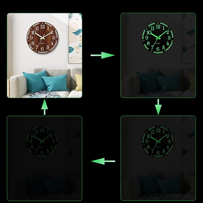 Wall Clock 10 Inch Brown Weekly Wall Clock Silent Battery Operated Luminous Hands Retirement Elderly Wooden Glow in The Dark Clock