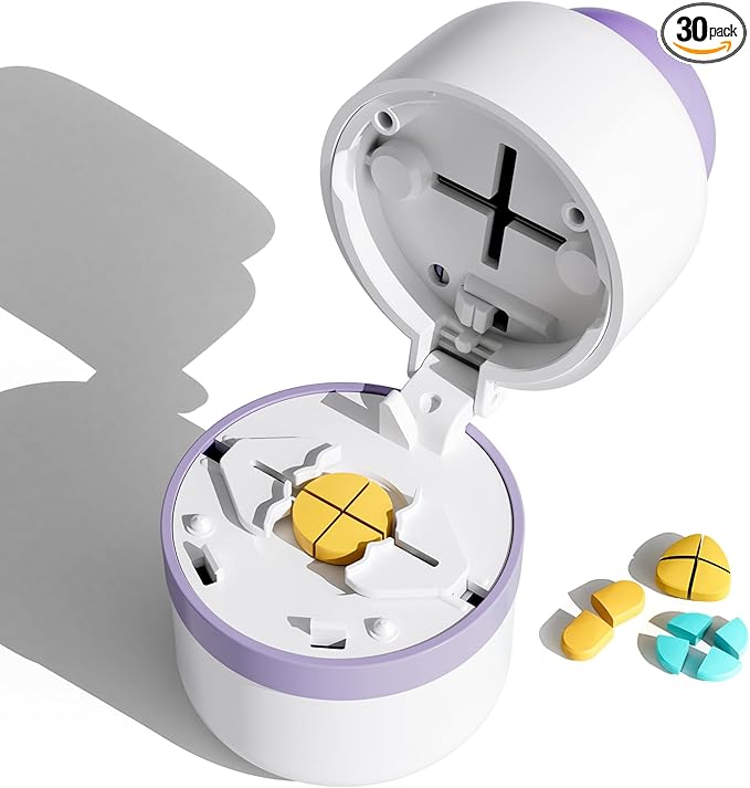 Pill Cutter 1/4 - Pill Splitter with Stainless Steel Blade for Cutting Small Pills or Large Pills in one Fourth, Suitable for Cuting Vitamins, Tablets (1-4 Purple)