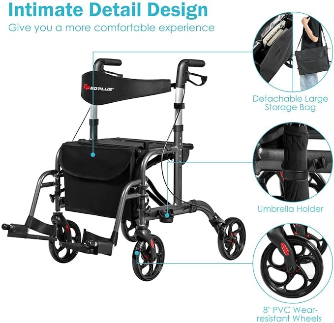 GOPLUS 2 in 1 Rollator Walkers for Seniors, Folding Rollator Walker with Seat, 8-inch Wheel Medical Drive Walker Wheelchair Combo with Backrest, Adjustable Handle for Adults, Aluminium Frame