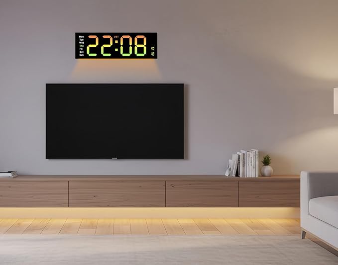 11-Inch LED Wall Clock with RGB Flowing Light, Large Digital Display for Date, Time, Temperature｜Easy to Read, Dual Alarms, Remote Control｜Modern Décor for Home, Kitchen, Living Room, Office, Yoga