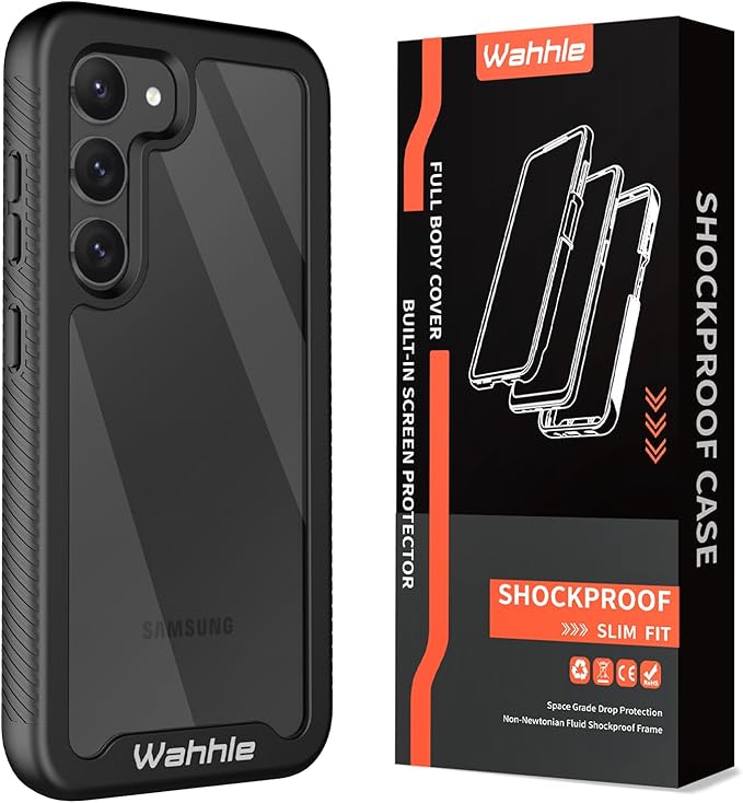 wahhle Compatible with Samsung Galaxy S23 Plus Case, Built in Screen Protector Full Body Shockproof Slim Fit Bumper Protective Phone Cover for Galaxy S23 Plus 5G 6.6'' Men Women-Black/Clear
