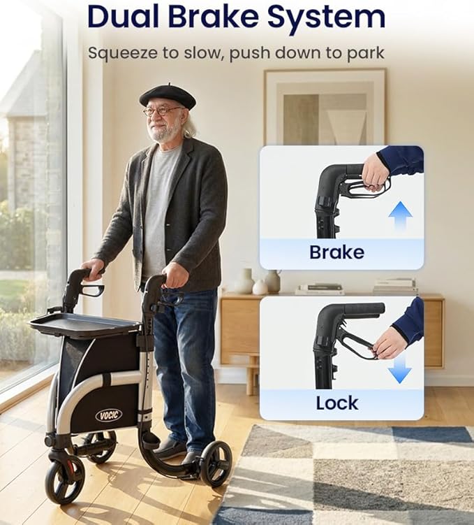 VOCIC 3 Wheel Walkers for Seniors,Z25 Pro Foldable Rollator with 8" Airless Tires & Non-Slip Tray, Cane Holder & Cup Holder, Lightweight Three Wheel Rolling Walker Height Adjustable, Supports 300 lbs